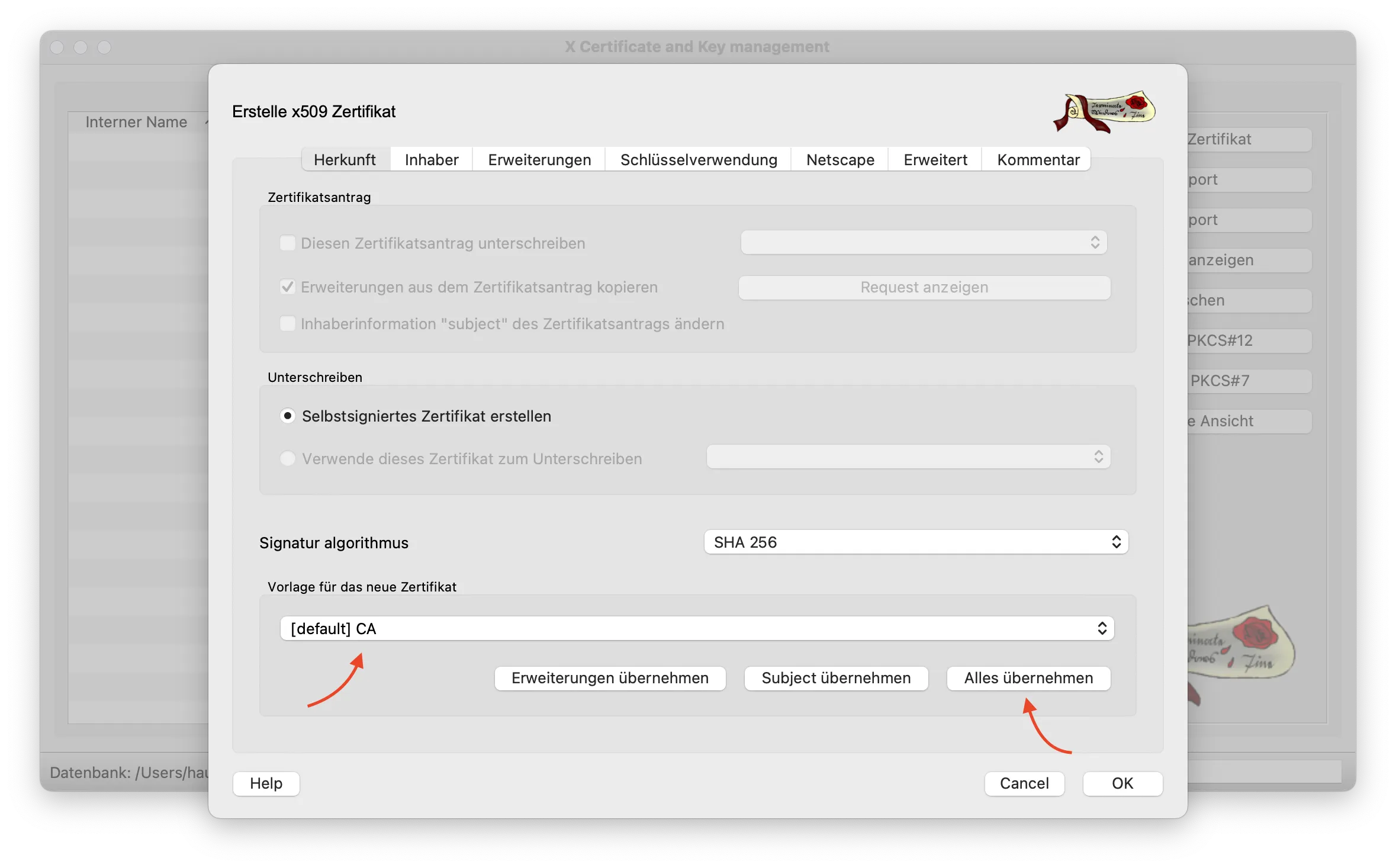 Erstellung eines neuen, selbstsignierten Zertifikats für die Root CA